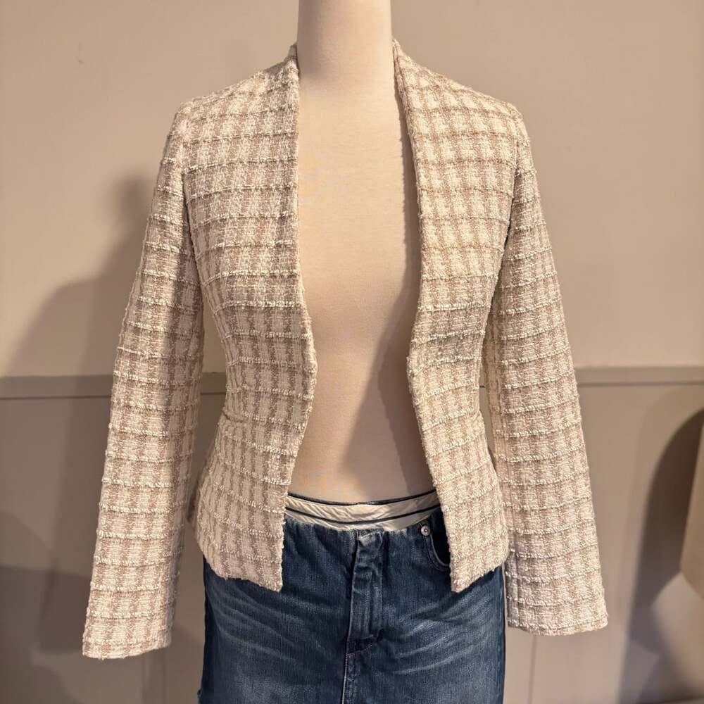 Calvin Klein Fringe Tweed Open Front Blazer Jacket Tan Cream